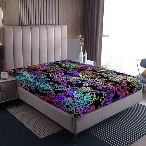 Miniatura 10 de Sábanas de damasco negro para adultos, sábana bajera ajustable barroca victoriana antigua, tamaño Queen, sábanas florales góticas vintage, juego de