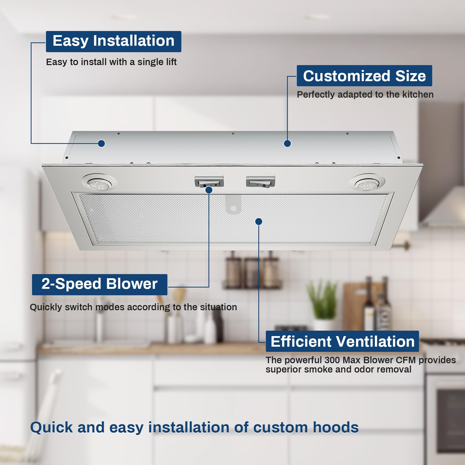 PM300SS Range Hood Insert For Under-Cabinet,21-Inch Built,300 Max Blower CFM,Stainless Steel,Customized Power Supply Package,2-speed Adjustment Exhaust Fan And Spotlight - 4