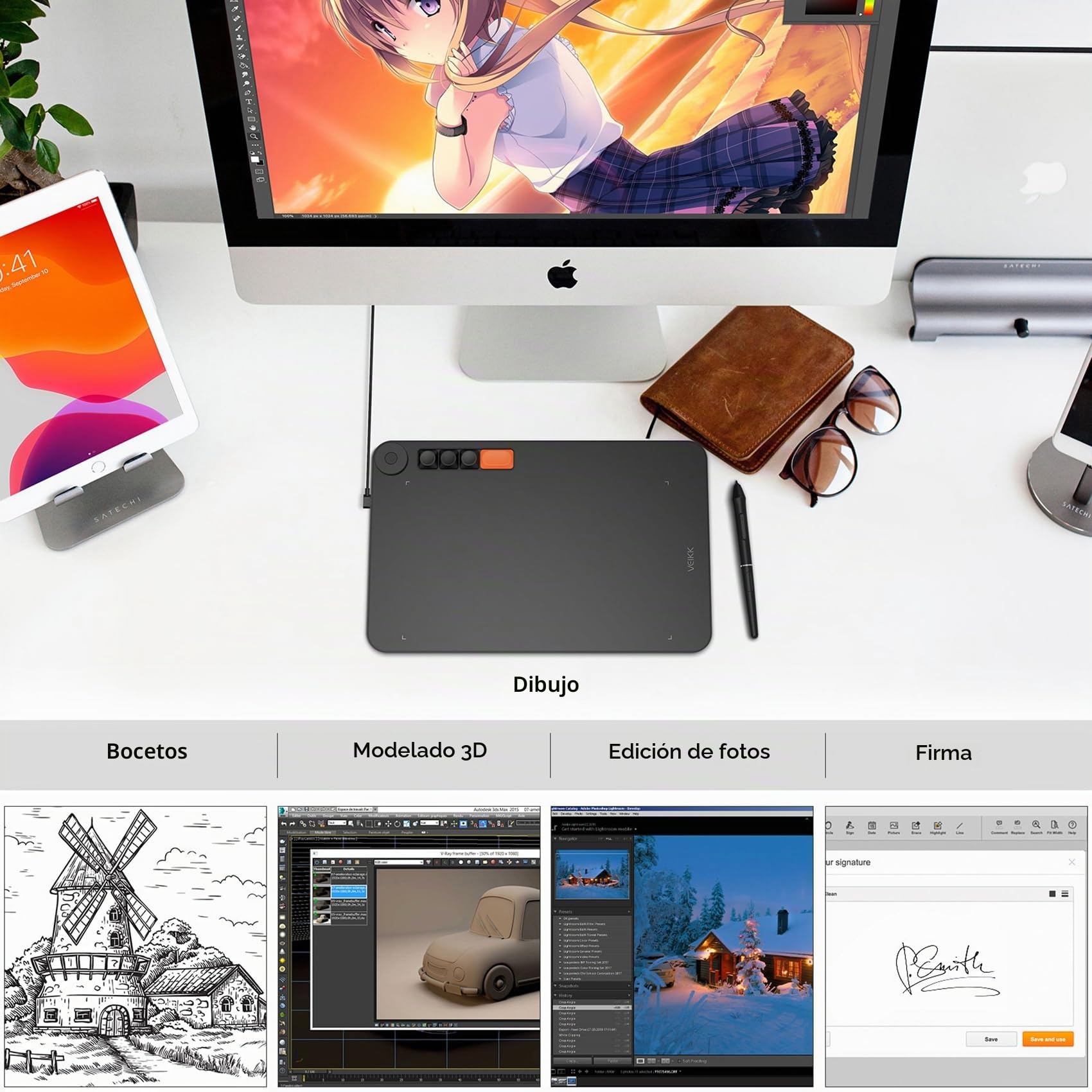 Tableta gráfica VEIKK Voila L 10 x 6 pulgadas con lápiz sensible a la presión, 4 botones mecánicos y 1 rueda Graphics Tablet para dibujar, en línea, firmas electrónicas, edición de fotos y vídeos, OSU