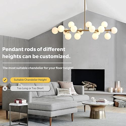 Miniatura 7 de APBEAMLighting Candelabro de comedor dorado sobre la mesa, candelabro rectangular moderno de mediados de siglo, pantalla de globo de vidrio blanco