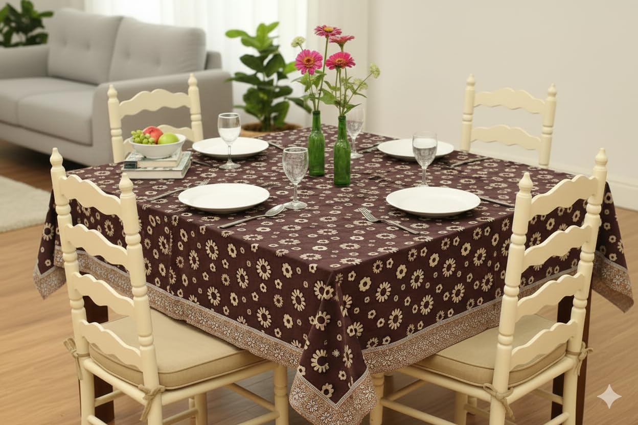 CASA-NEST PVC Waterproof Table Cover Brown Flower Design Upto 2-4 Seater Centre Table Cover Size 40x60 inches printed001
