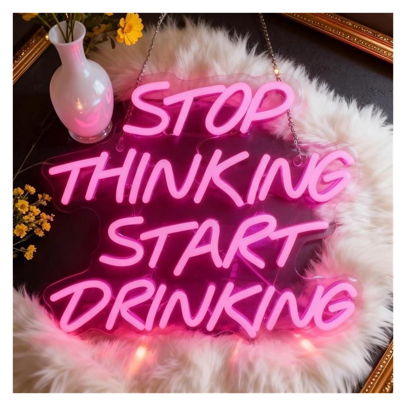 RONGCH Hanging Art Signs Stop Thinking Start Drinking Neon Sign for Bar Bedroom Man Cave Party Fun Wall Decor USB Dimmable 36x32cm
