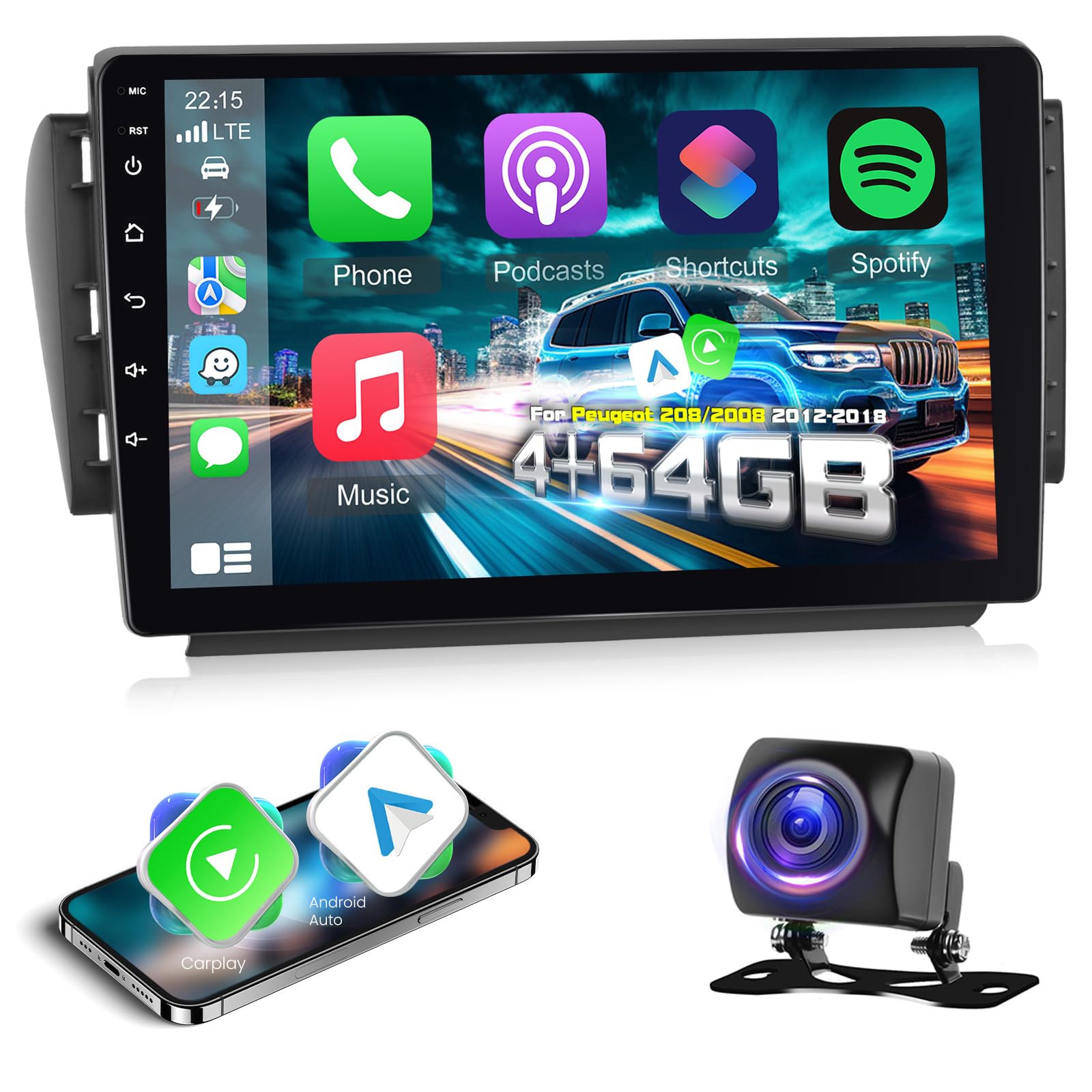 [4G+64G] Android Autoradio per Peugeot 208/2008 2012-2018 con Wireless Carplay & Android Auto, Schermo Touch IPS 10.1 pollici con GPS, WiFi, 32EQ, Bluetooth 5.0, Radio FM/RDS