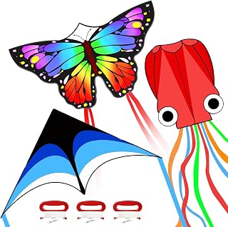 Mint's Colorful Life 3 Pack Kites for Kids and Adults, Easy to Fly Butterfly Delta Octopus Kite Set for Beginners, Large Beach Kites for Family Outdoor Games & Activities (Blue+Rainbow+Red)