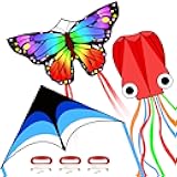 Mint's Colorful Life 3 Pack Kites for Kids and Adults, Easy to Fly Butterfly Delta Octopus Kite Set for Beginners, Large Beach Kites for Family Outdoor Games & Activities