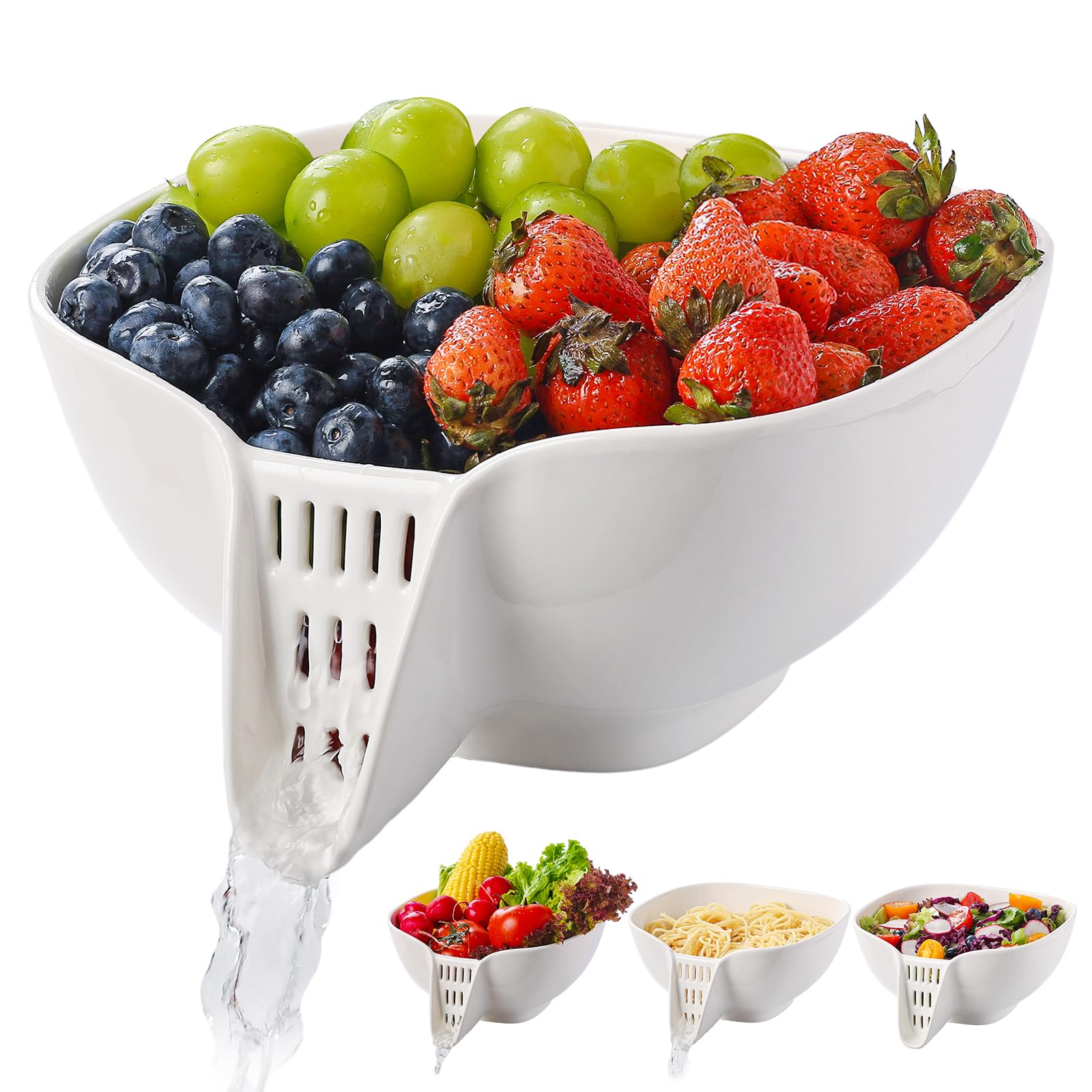 DIZADA Multifunktionaler Keramik-Abflusskorb mit integriertem Ablaufauslauf, Sieb für Küche, 1,700 ml, großes Fassungsvermögen, Lebensmittelsieb für Gemüse, Obst, Nudeln, Salat, hitzebeständig