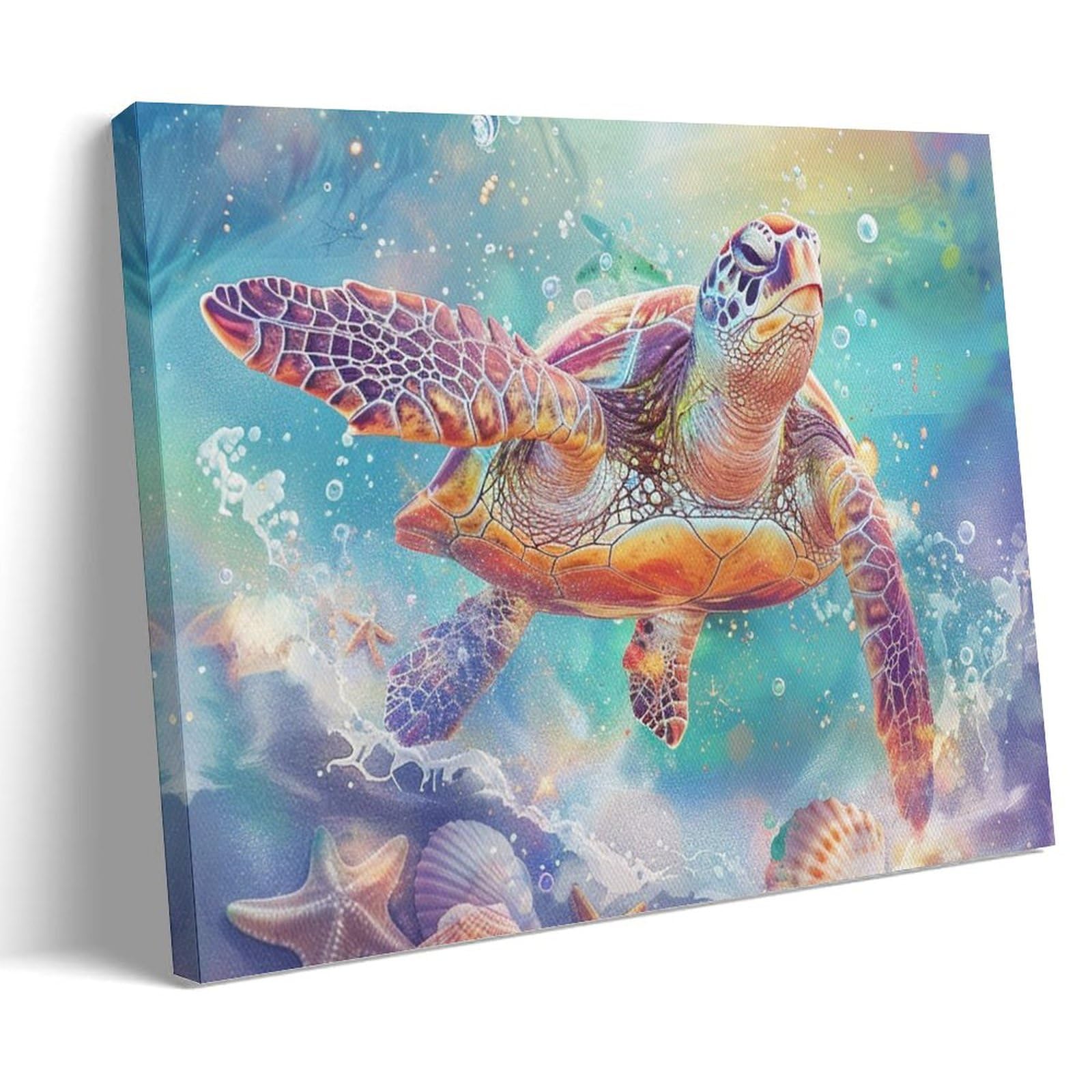 FYFMUSHE Swimming Turtle Canvas Wall Art Paintings Modern Sea Shell Cartoon Animal Pictures on Canvas Prints Framed Ready to Hang Artwork for Bedroom Home Decor 12x18inch(30x45cm)