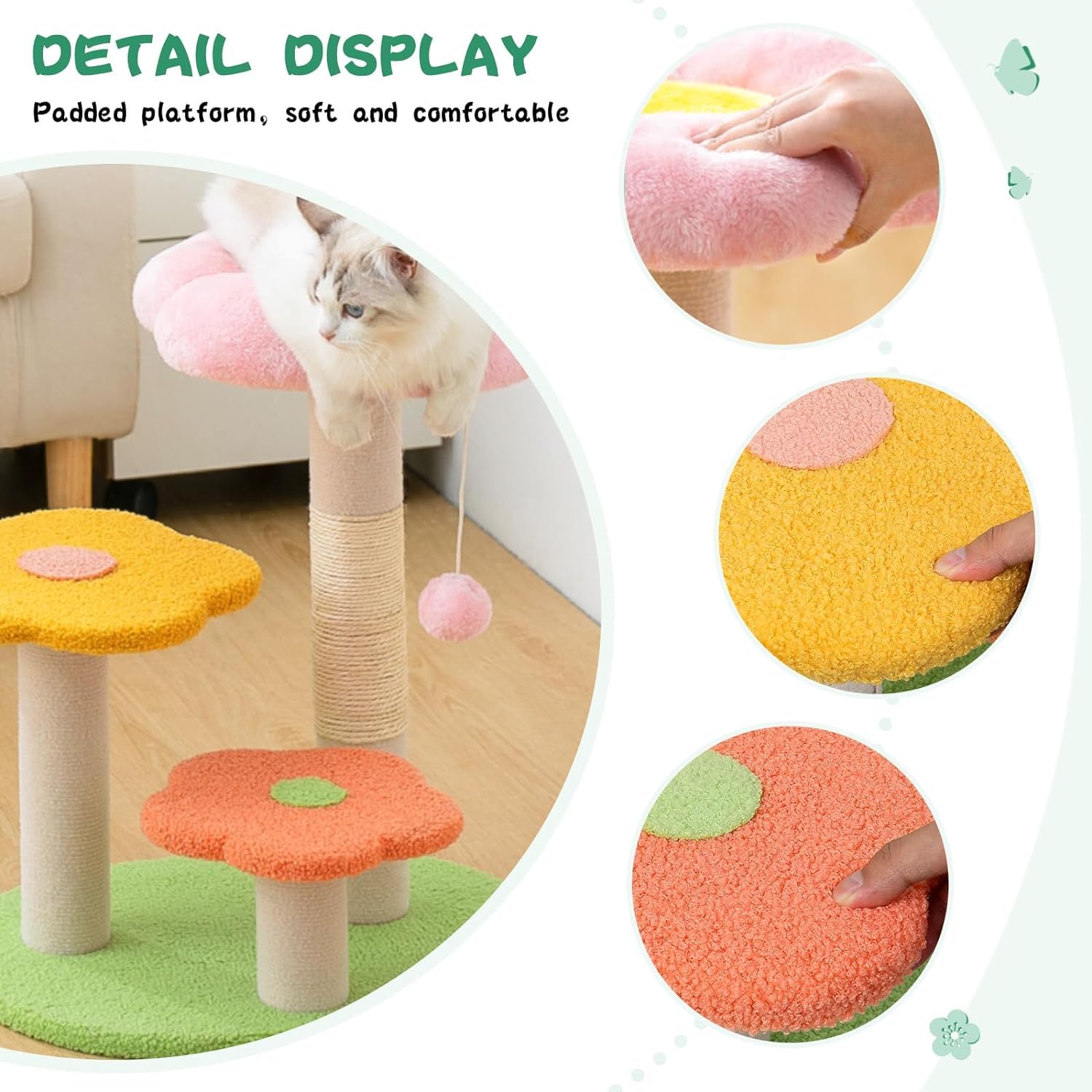 Albero per Gatti da Interno Esterno Tiragraffi per Gatti con Fiori E Tiragraffi per Gatti da Interni con 3 Trespoli in Peluche E Palla Sospesa(19.3 * 14.2 * 22.8in)