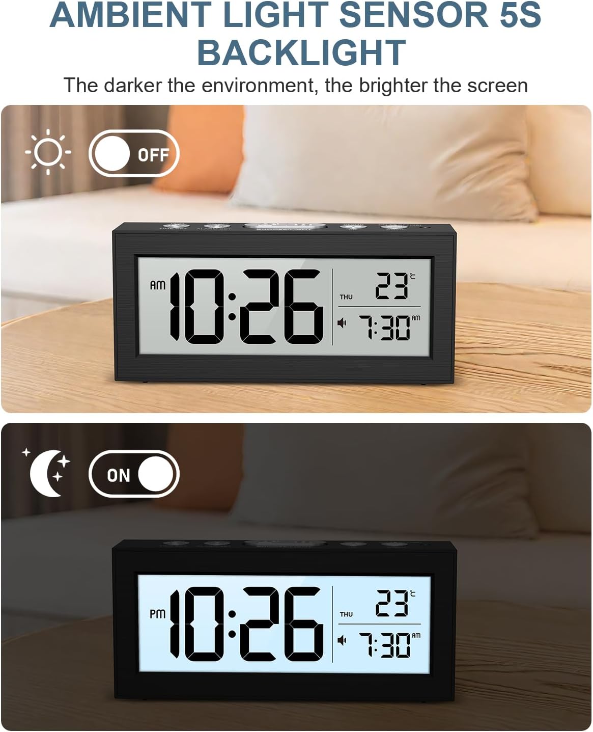 Alarm Clock Battery Operated, LCD Display Digital Clock with Snooze, 12/24H, Auto Dimming & Working Mode, Temperature, Desk Clock for Bedroom, Office, Travel