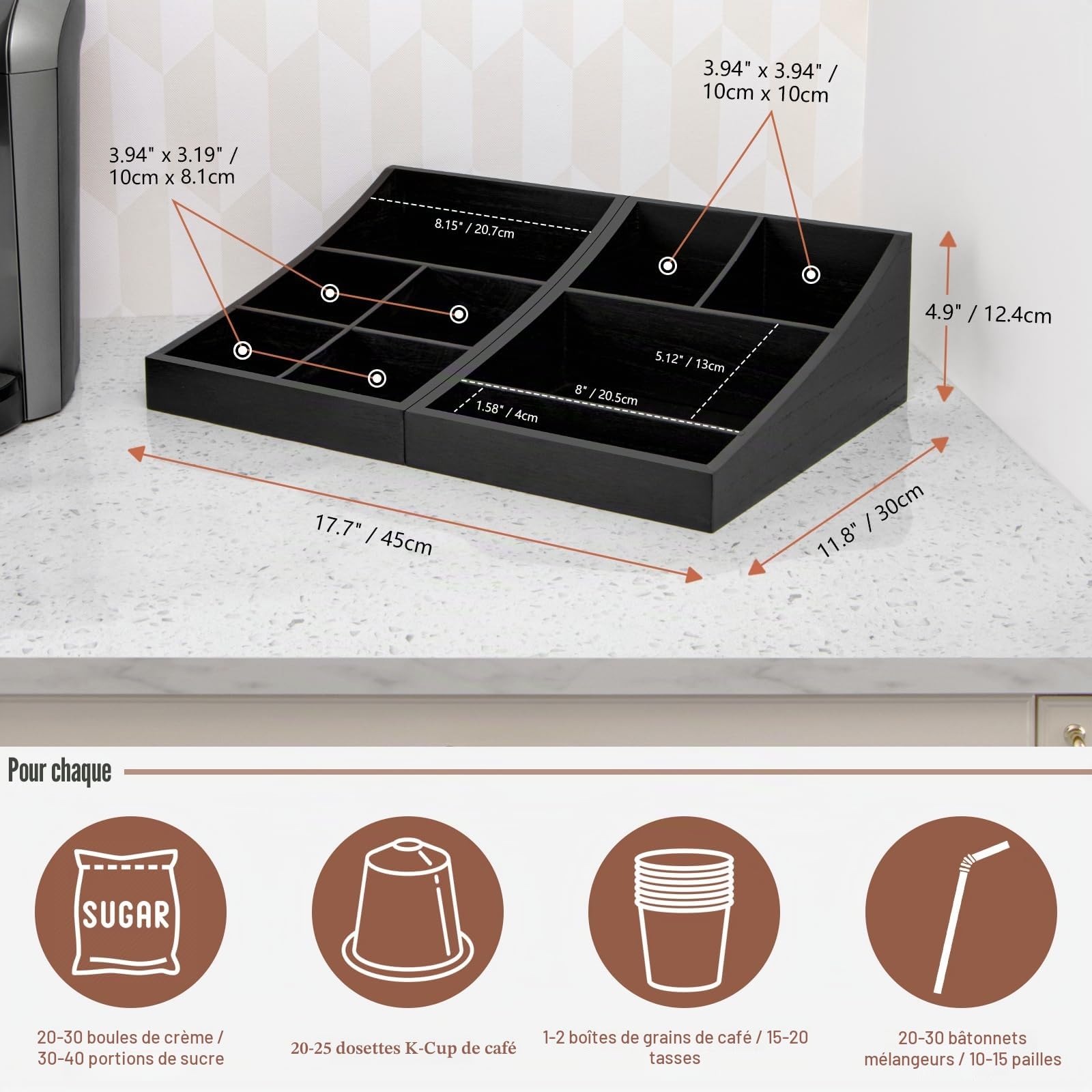 ANBOXIT Organisateur de Station de Café pour Comptoir, Plateau de Service de Condiments, Organisateur de Bar à Café pour Maison, Bureau et Salle de Pause - Bois, Noir, 9 Compartiments, Deux-en-Un