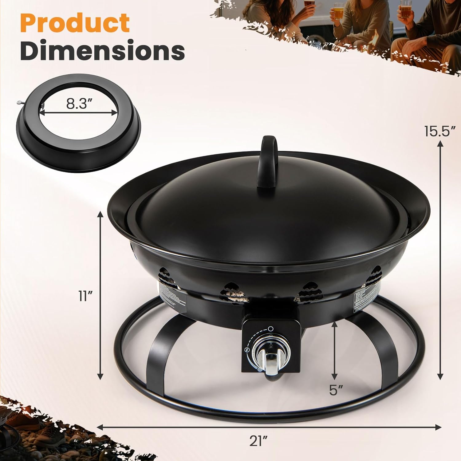 Tangkula Propane Fire Pit with dimensions labeled.