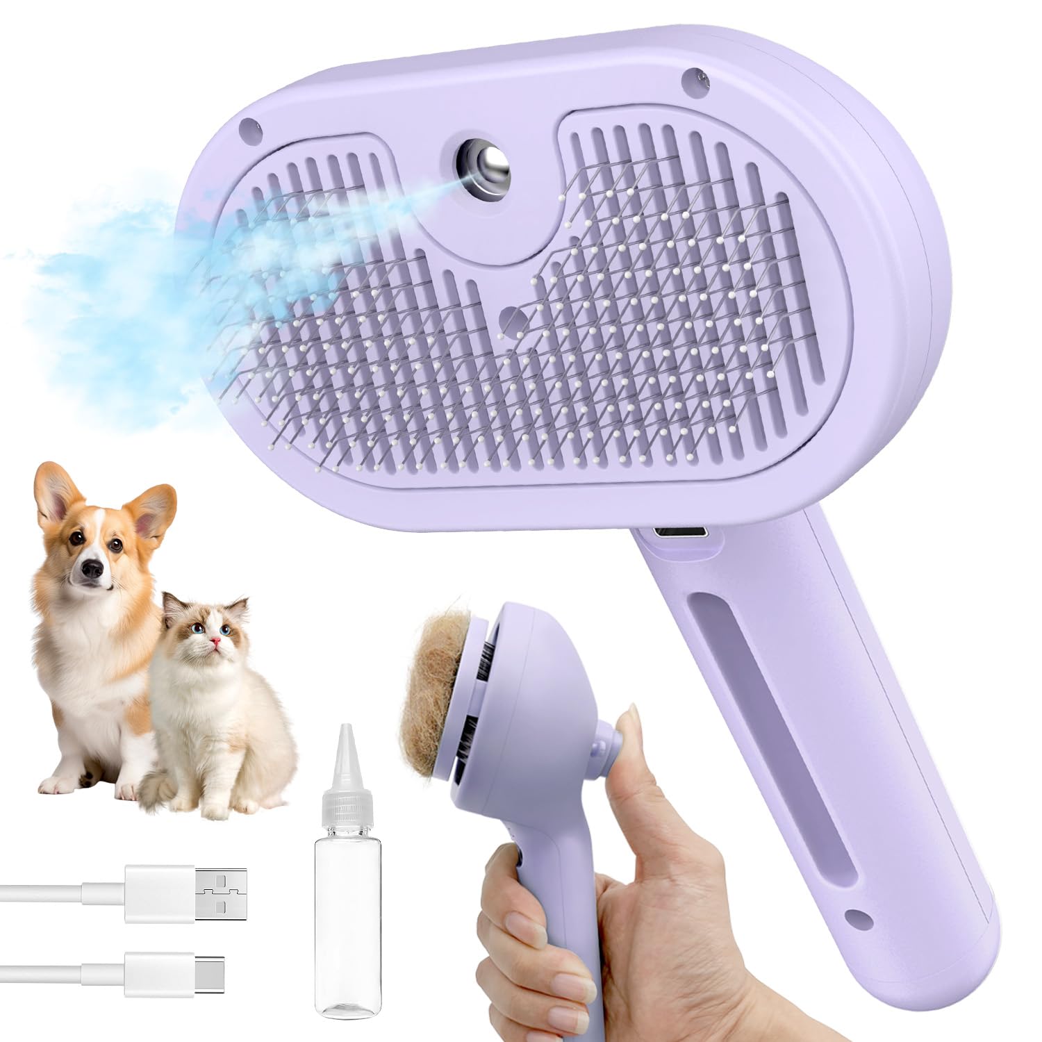 HeroKitty Dog Brush for Shedding, 3 in 1 Self Cleaning Steam Dog Brush - Anti-Static,Cat Steam Brush Removal Comb with Release Button, Grooming Tool
