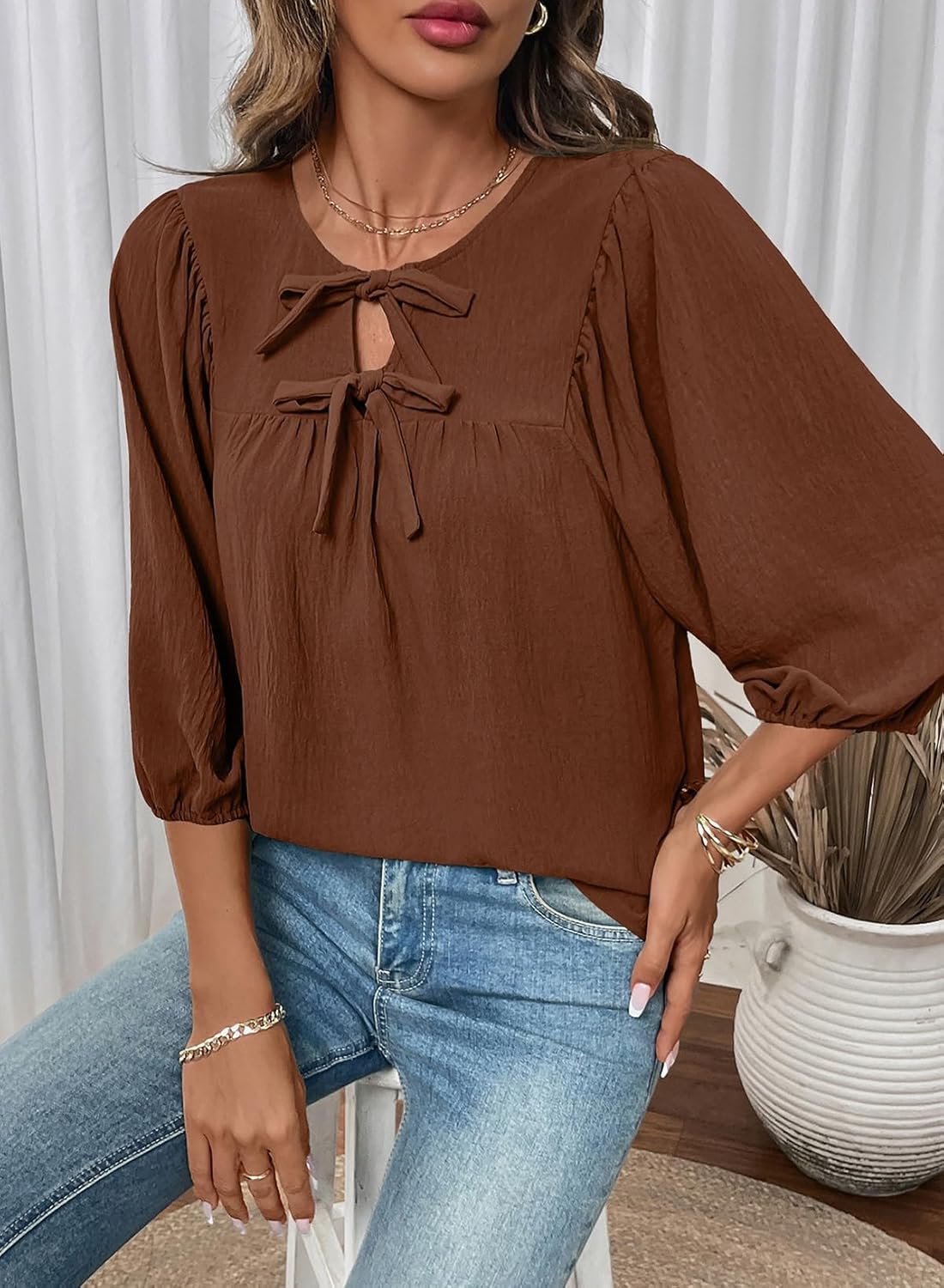 SHEWIN Womens Tops 3/4 Sleeves Blouse Babydoll Dressy Casual Top Elegant Bow Tie Loose Ladies Shirts 2026 - Image 3