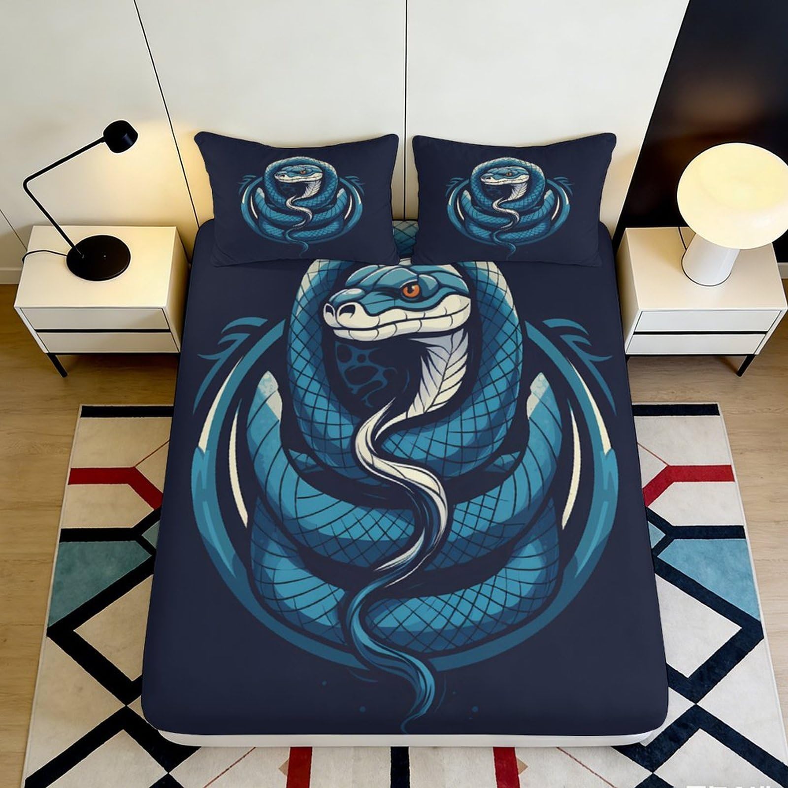 3D Printed Blue Snake Fitted Sheet Microfiber Soft Bedroom Decor Animal Pattern Bed Cover for Home Dorm Guest Room 90x200x25cm