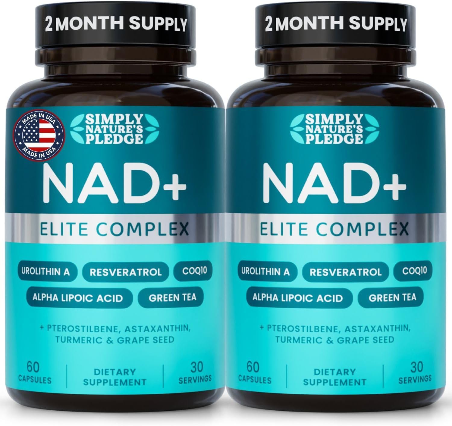 NAD+ Elite Complex – Direct NAD+ 300 mg with Urolithin A, Resveratrol, CoQ10 & Antioxidant Blend – Cellular Energy, Mitochondrial Support & Healthy Aging – Vegan, Non-GMO- 60 Capsules (Pack of 2)
