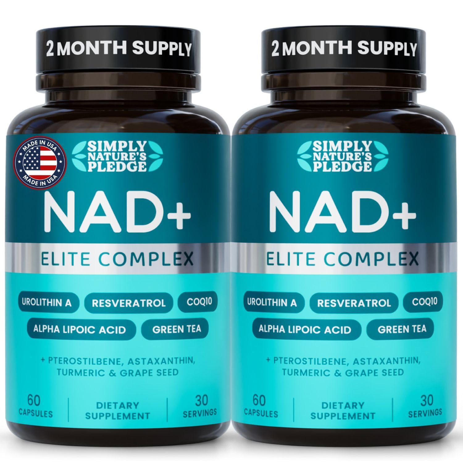 Simply Nature's Pledge NAD + Elite Complex 750mg, 60 Capsules (Pack of 2) 60 Count (Pack of 2)