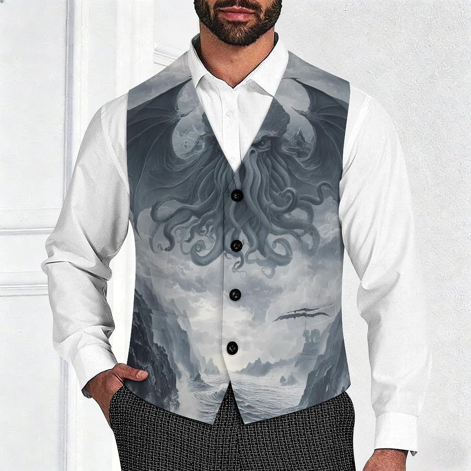 Dark Grim Octopus Monster Men's Formal Suit Vest Slim Waistcoat for Business Tuxedo Dress