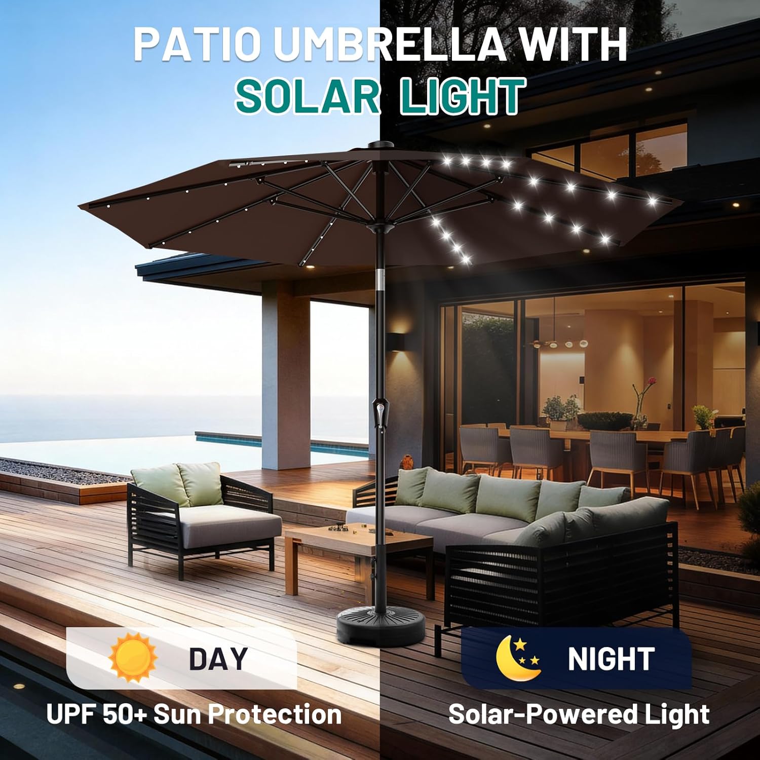 AreShark 9FT Patio Umbrella with Solar Lights, 32 Lighted Pool Umbrella w/Tilt and Crank, Outdoor Table Solar Umbrellas for Garden, Deck, Backyard, Pool and Beach, Light Brown