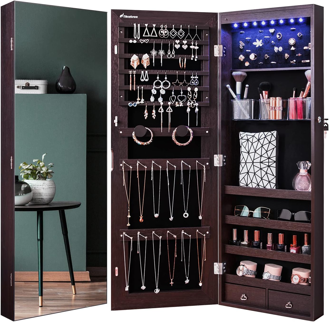 Nicetree 8 LED Mirror Jewelry Cabinet, Jewelry Armoire Organizer with Full Length Mirror, Wall/Door Mounted, Full Length Mirror, White : Clothing, Shoes & Jewelry