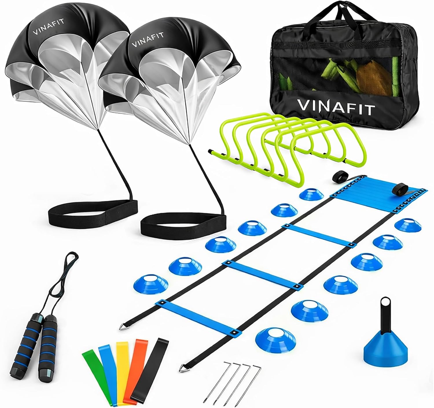 Complete Agility Ladder Training Set - 20ft Speed Ladder, 6 Adjustable Hurdles, 20 Cones, 5 Resistance Bands, 2 Speed Training Parachutes, Jump Rope, Nylon Carry Bag & Stakes