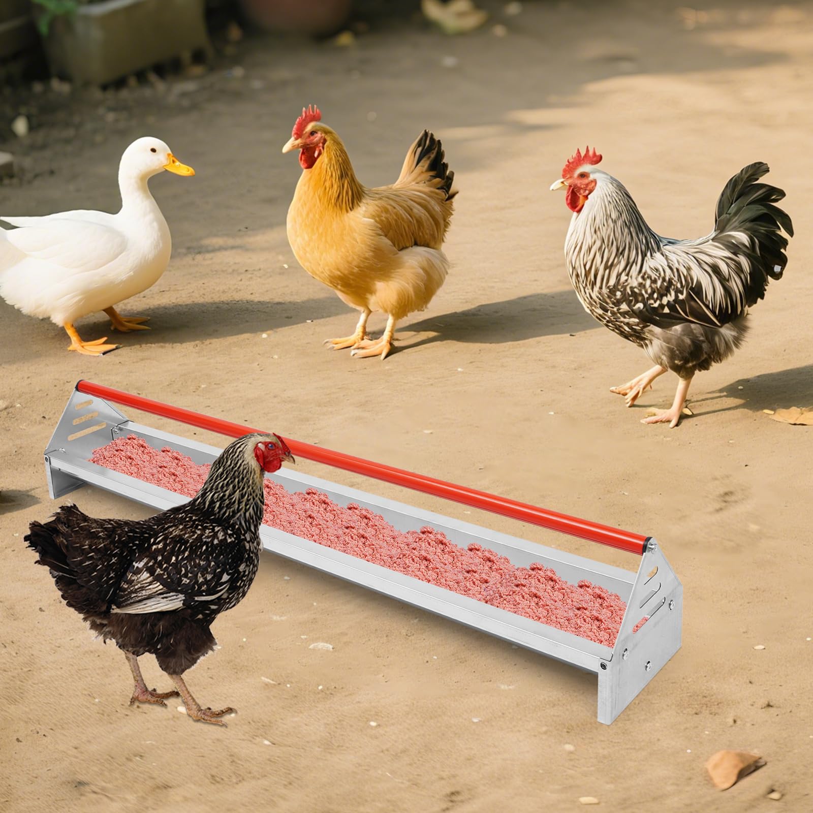 Comedero para pollos, 117,5 cm, 15 L, con sistema de drenaje y barra transversal giratoria, alimentación a ambos lados para 12 pollos, comedero para aves de corral para pato, ganso y pavo