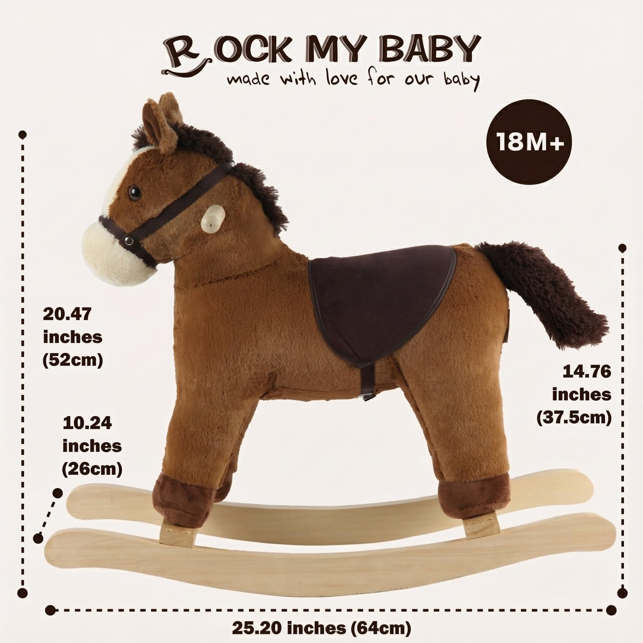 Gioco di cavallo a dondolo marrone scuro per bambini dai 18 mesi in su, giocattolo in peluche con suono realistico, imbottitura morbida, certificato CPC (marrone chiaro)