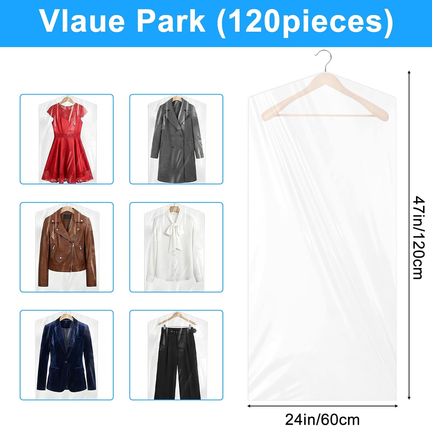 120 Pack Clear Plastic Dry Cleaning Bags, 24x47 Inches Garment Covers for Storage, Travel, Moving - Dust-Proof, Tear-Resistant Protection for Suits, Dresses, Coats