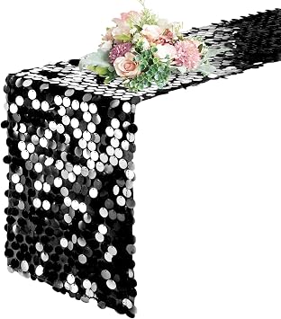 Pufogu 12 "x 108" Sequin Table Runner, Black Glitter Premium Big Sequin Table Runner, Rectangle Table Runners for Halloween, Christmas, Wedding Party, Birthday Party, Banquet Decor 1 Pack.