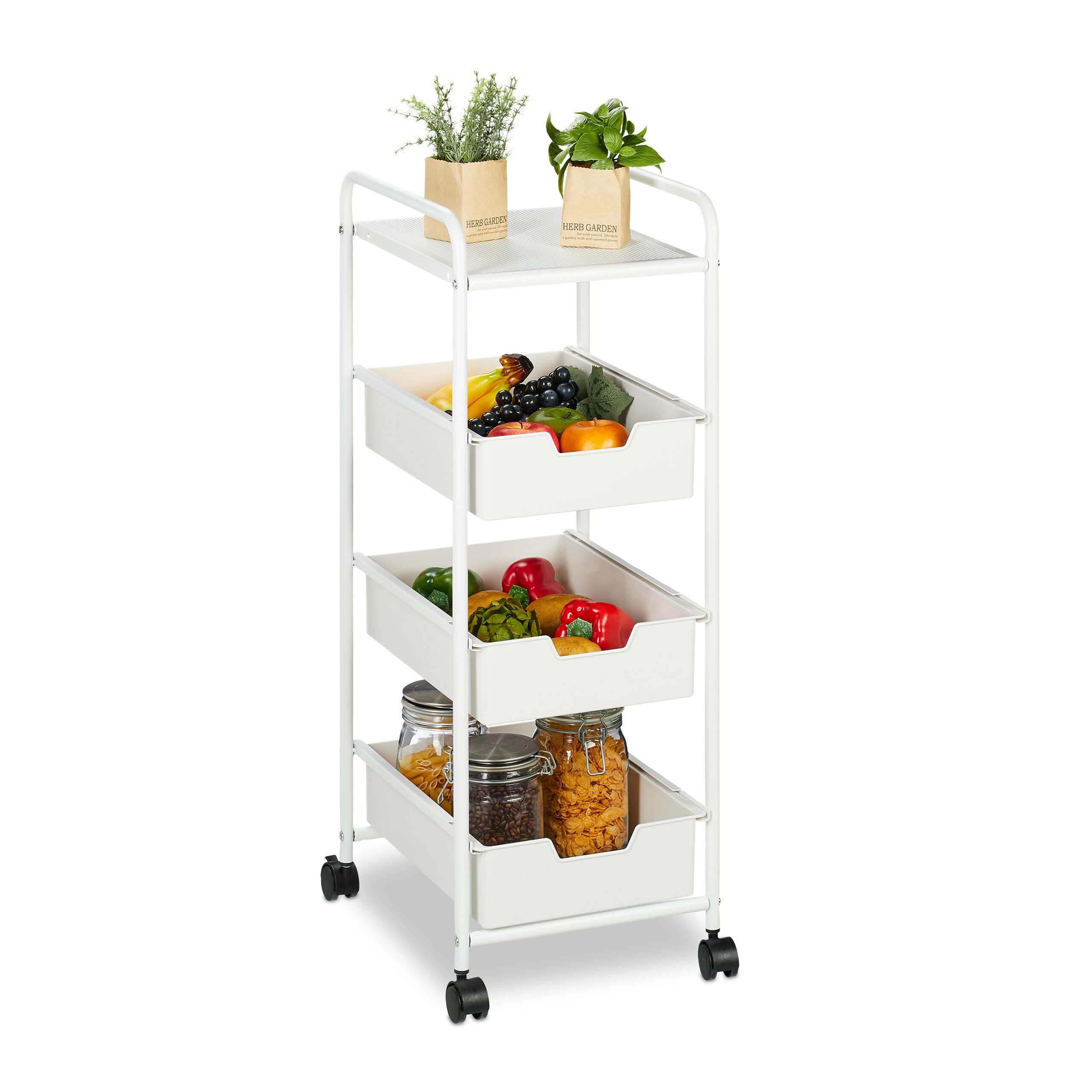 Relaxdays Carrito Auxiliar, 3 Niveles y Balda, Multiusos Cocina y Oficina, Camarera 85,5x32,5x40 cm, Plástico, Blanco
