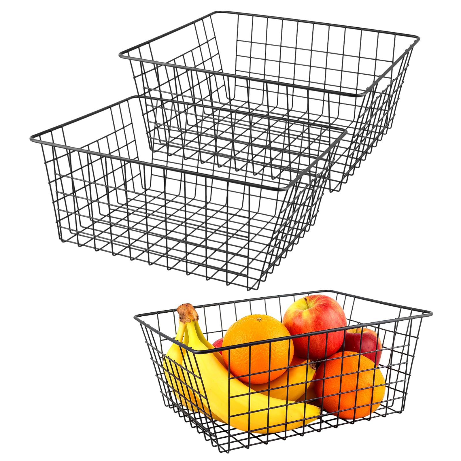 SINJEUN 3 cesti in filo nero, 36 x 29 x 15,5 cm, in metallo, rettangolari, per cucina, bagno, ufficio