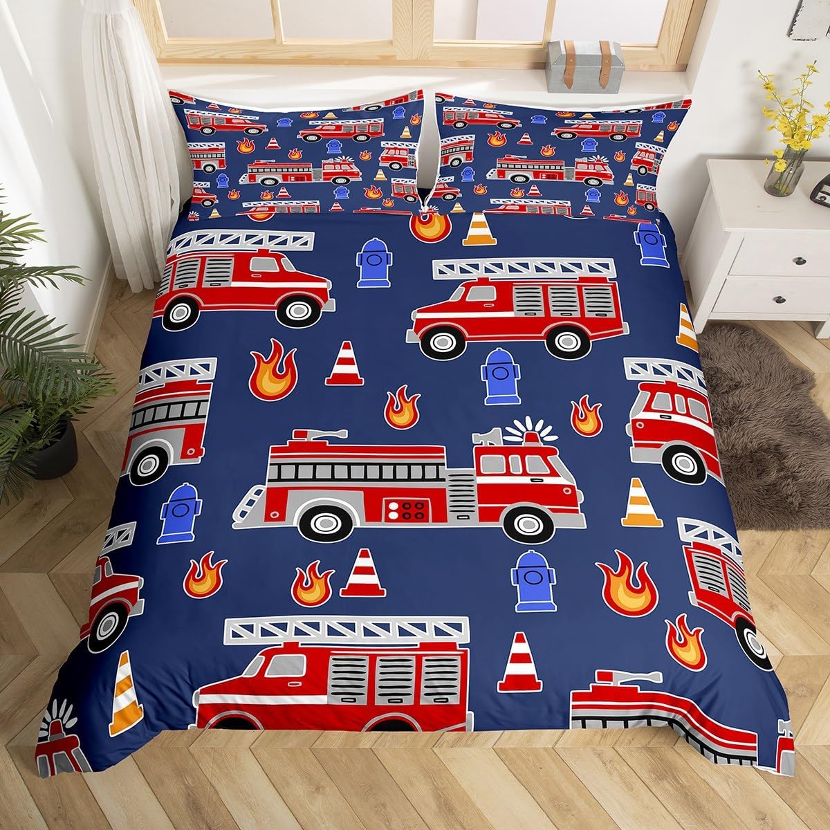 Erosebridal Fire Truck Comforter Cover Twin Size for Kids Boys Fire Fighting Supplies Pattern Duvet Cover, Fire Engine Vehicle Extinguisher Fire Hydrant Print Duvet Cover Girls Adult Teens, Red Blue