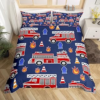 Erosebridal Fire Truck Comforter Cover Twin Size for Kids Boys Fire Fighting Supplies Pattern Duvet Cover, Fire Engine Vehicle Extinguisher Fire Hydrant Print Duvet Cover Girls Adult Teens, Red Blue