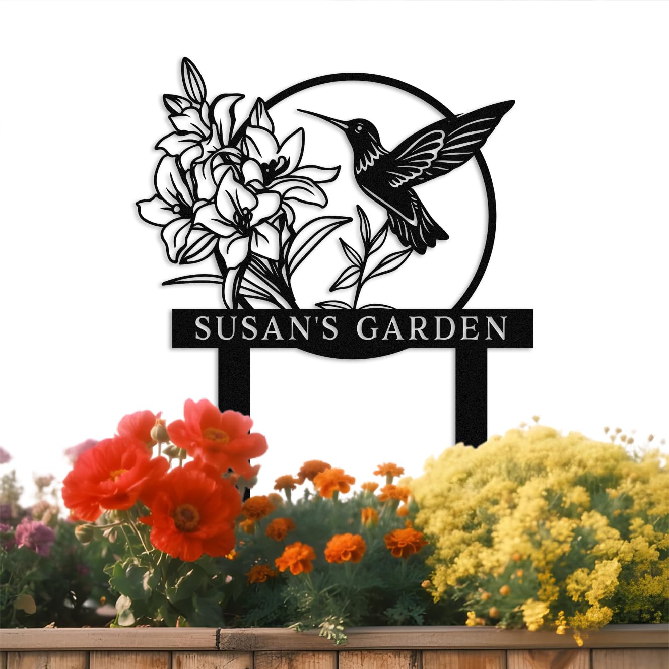 Met5kdm Style-1 Personalised Hummingbird Metal Garden Decor,Custom Bird With Flower Garden Name Sign With Stake,Patio Yard Lawn Metal Art,Housewarming Gift Style 1