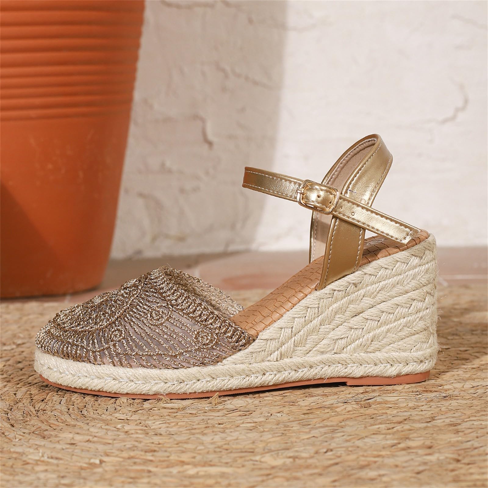 Sandalias De Alpargatas Bordadas Para Mujer, Con Y Tiras Al Tobillo, Punta Cerrada, Zapatos Verano Blancas Mujer (Rose Gold, 43) Cuñas Beige Esparto Negras Cuña Trekking Yute Sport