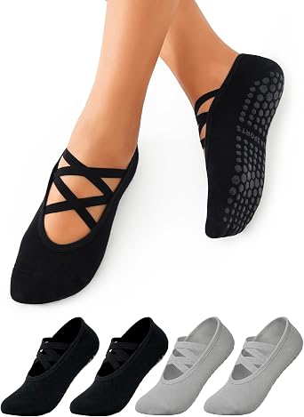 Womens 4 Pairs Pilates Socks with Grips Anti Slip Yoga Sock