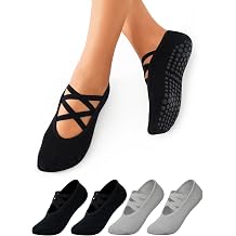 Womens 4 Pairs Pilates Socks with Grips Non Slip Grip Yoga Socks for Barre, Dance, Barefoot, Workout