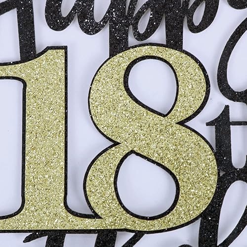 Miniatura 8 de Decoración para tarta de cumpleaños de 18 años con purpurina negra y dorada, decoración de pastel de cumpleaños de 18 años y fabuloso cumpleaños,