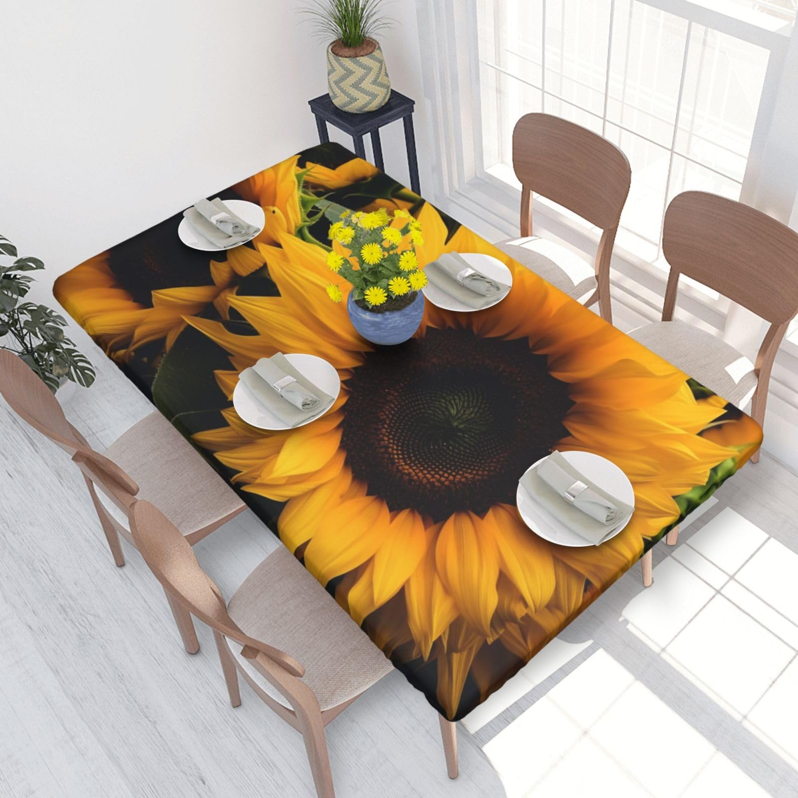 Dcarsetcv Yellow Sunflower Printed 4Ft Waterproof Tablecloth With Elastic Edged Protect & Decor Your Table, Oil-Proof Washable Table Cloth Cover For Dinner Picnic Party
