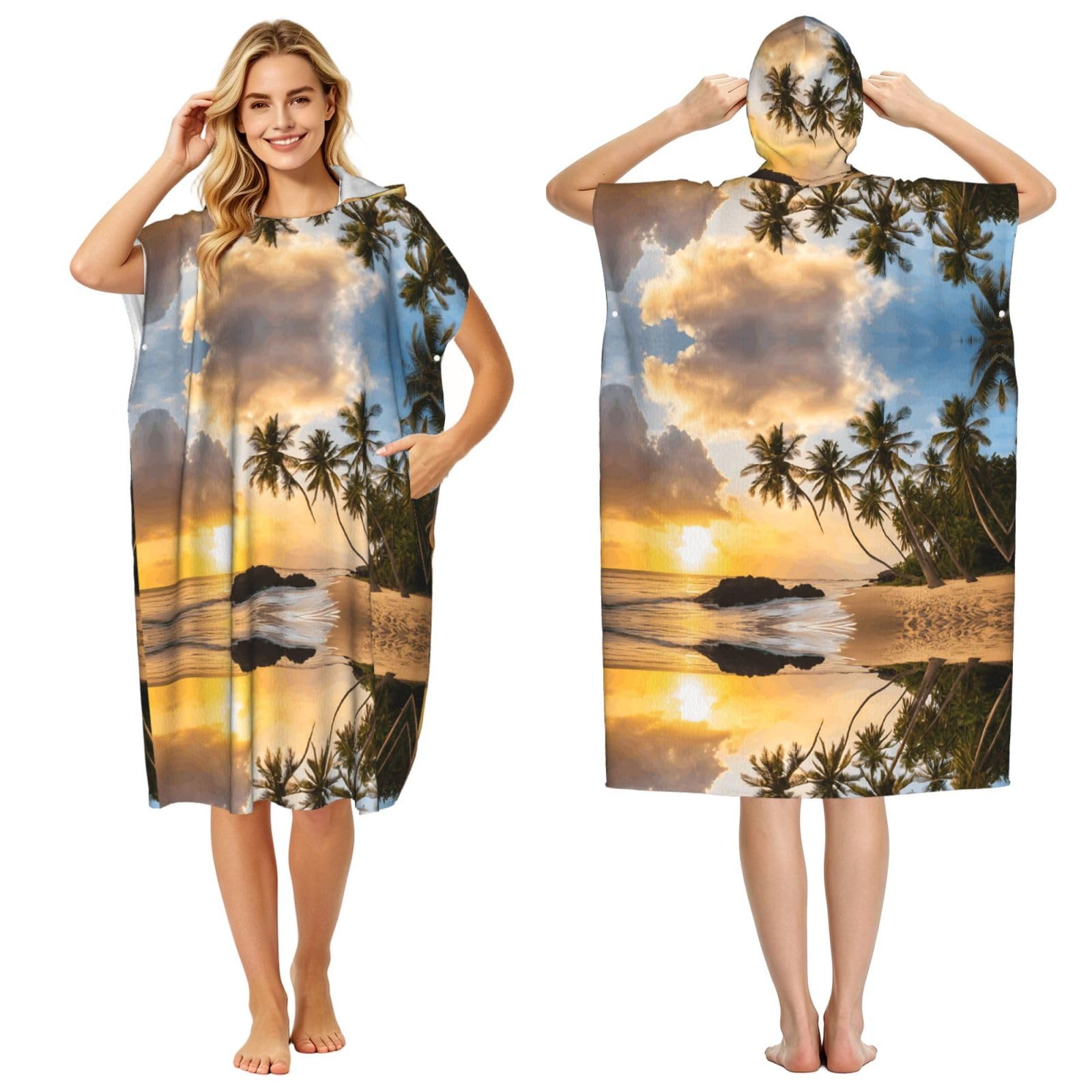 EZDLOWVBA Hawaiian Palm Tree Print Hooded Poncho Microfiber Beach Towel,Adult Women & Men Changing Robe,Lightweight Summer Surf Swim Bath Poncho Towel