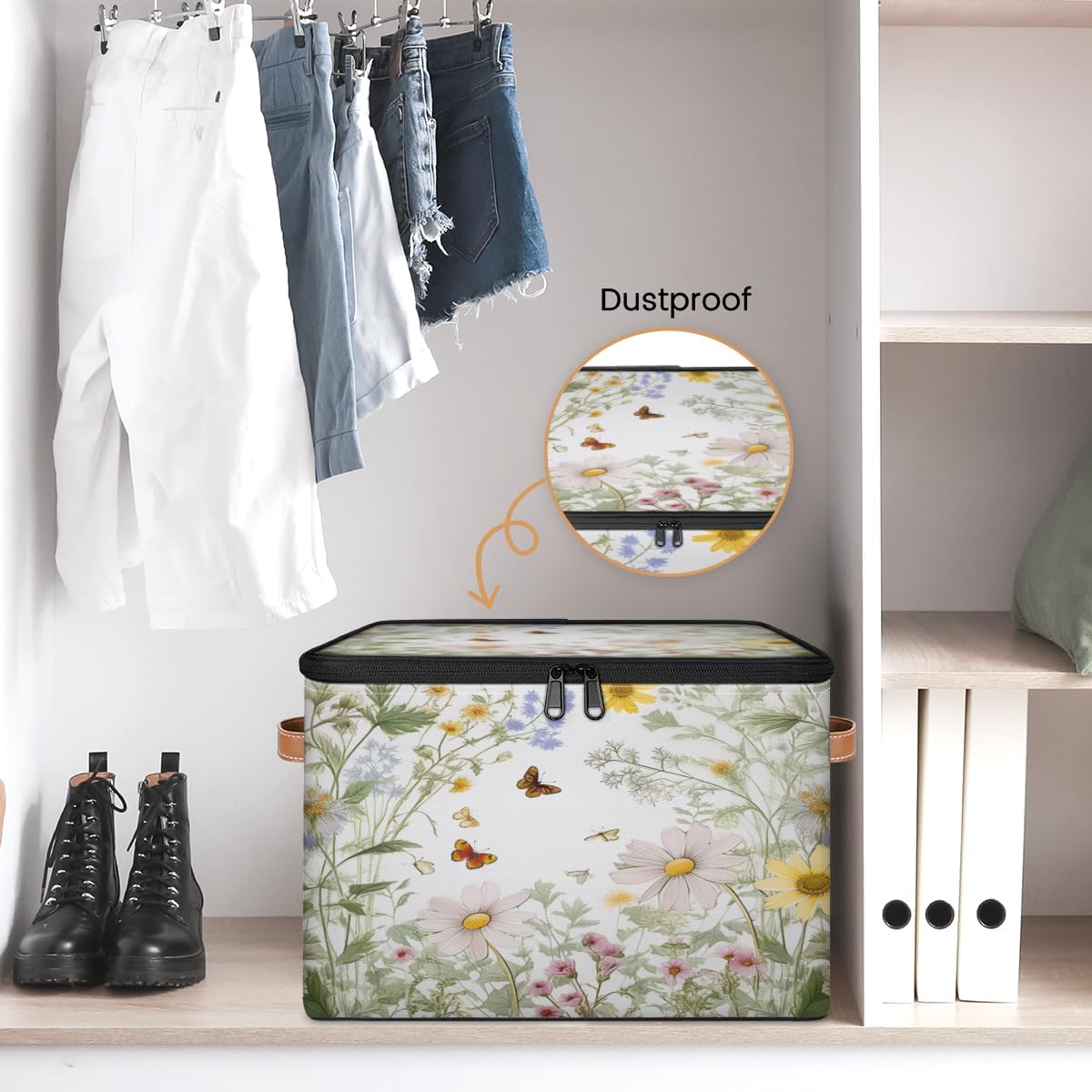 Storage Bin Set of 2 Daisy Floral Butterfly Storage Basket with Zipper Lid & Handle Foldable Closet Shelf 2 Pack Cloth Organizer Basket Cube Bins for Bedroom, Nursery