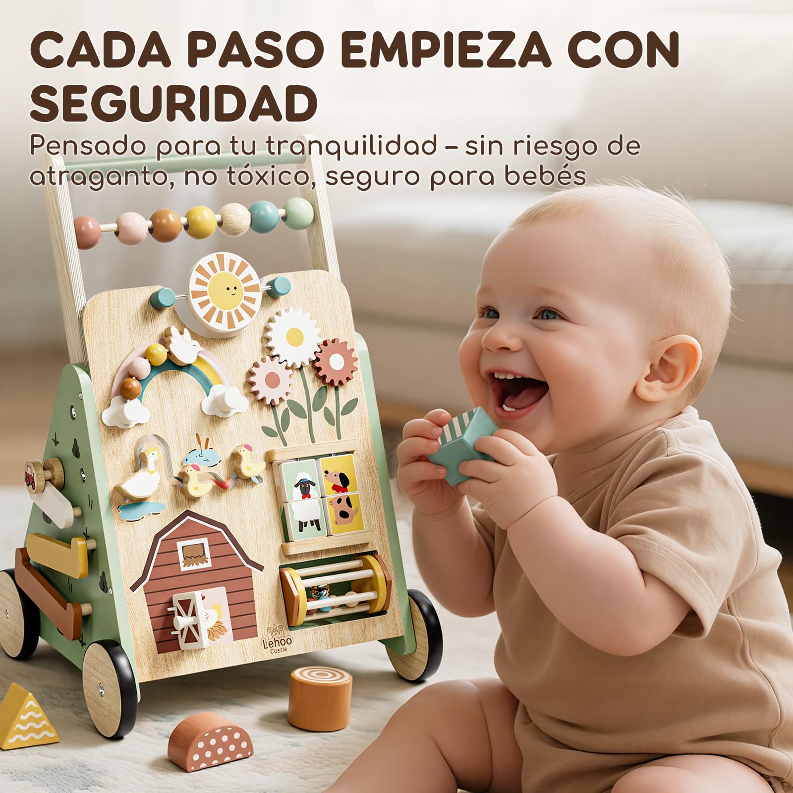 Andador Bebes, Ajustable Caminador Bebe de Madera con Busy Board Montessori, Baby Walker para Niña Niño, Regalo Bebé 1 Año
