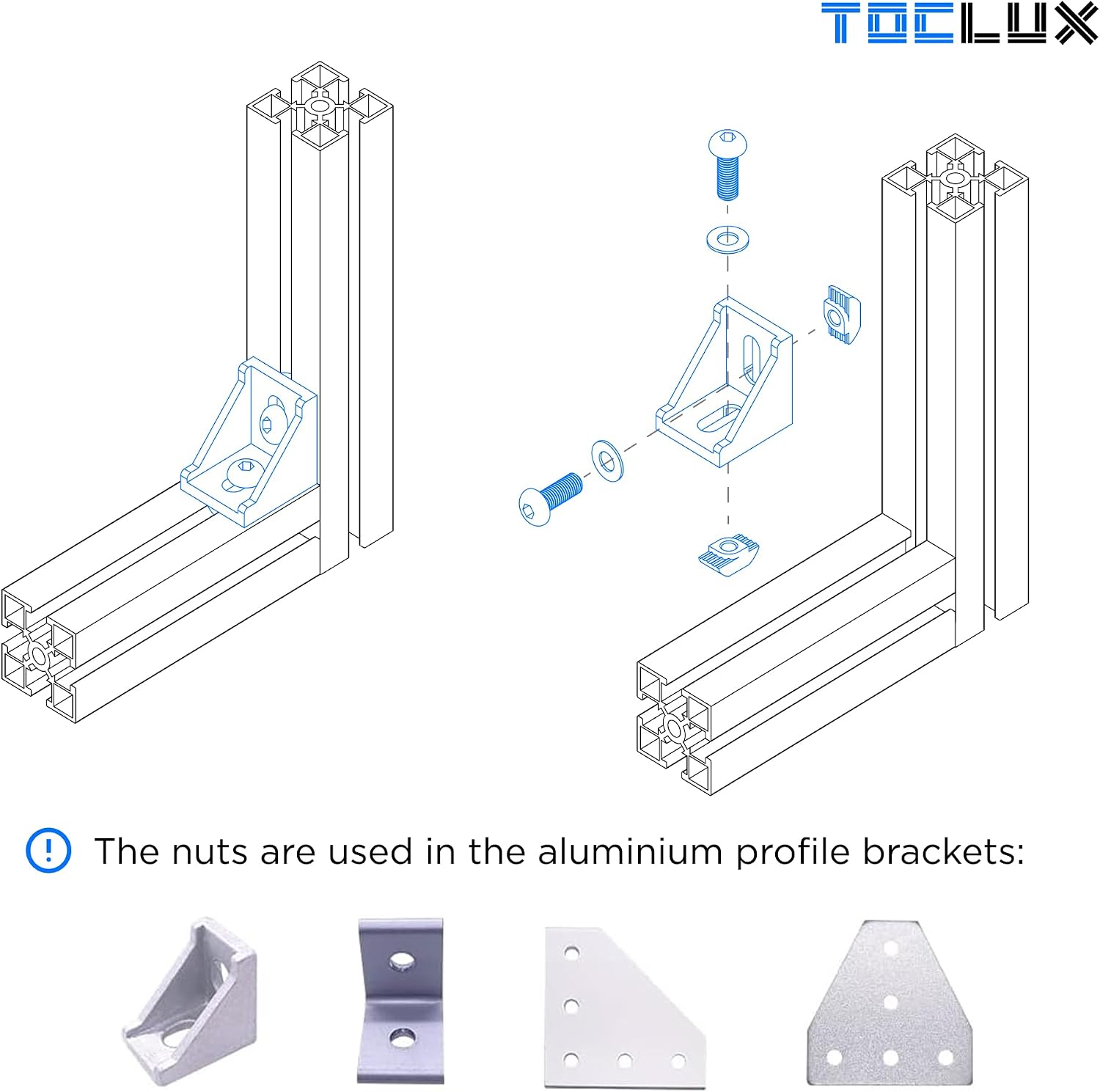 100pcs 2020 Series M5 Drop-in T-Nuts – Carbon Steel Hammer Head T Nuts for 6mm T Slot Aluminum Extrusion, Anti-Rust Nickel Plated Accessories for 20 Series Extruded Aluminum Rail