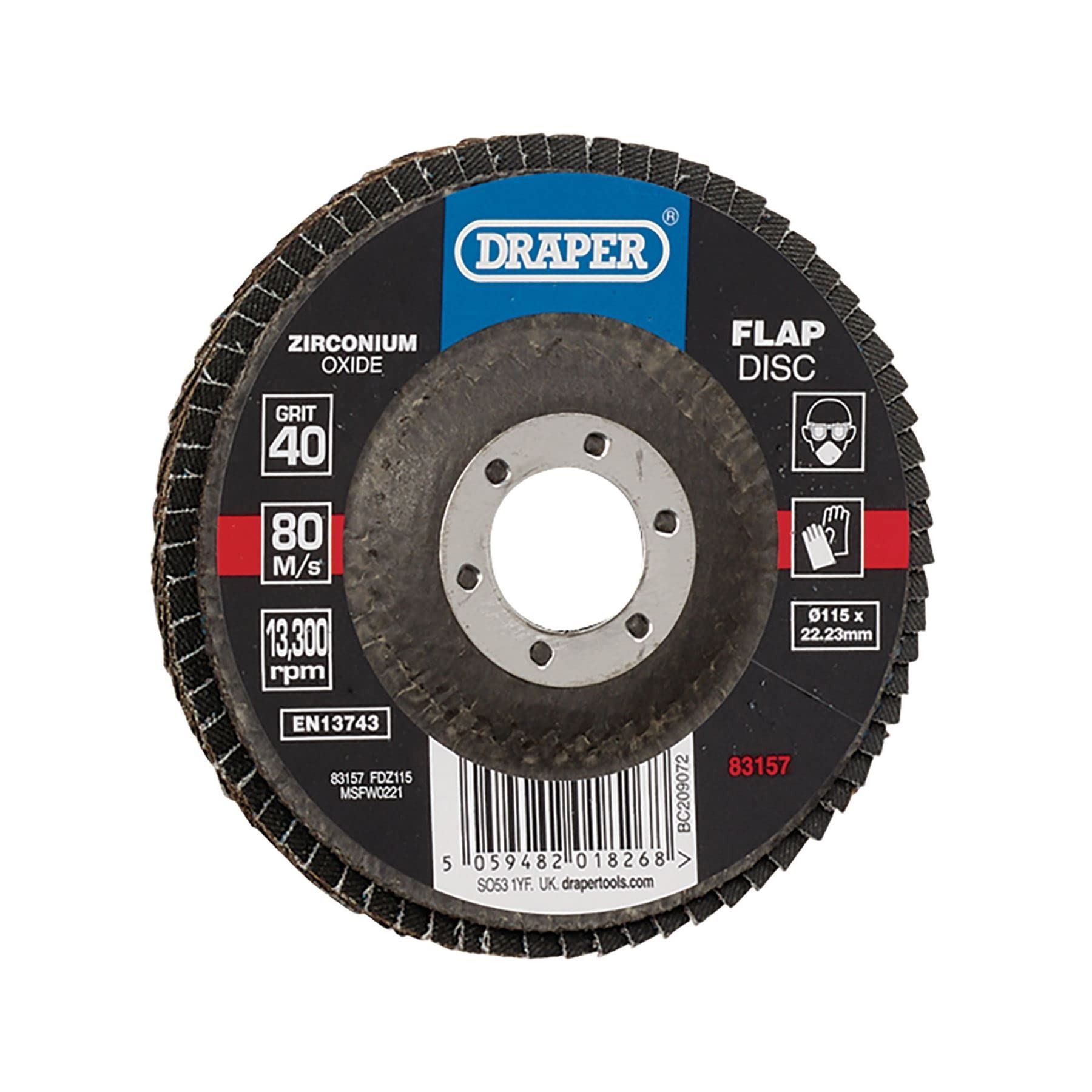 Draper Zirconium Oxide Flap Disc, 115 X 22.23Mm, 40 Grit