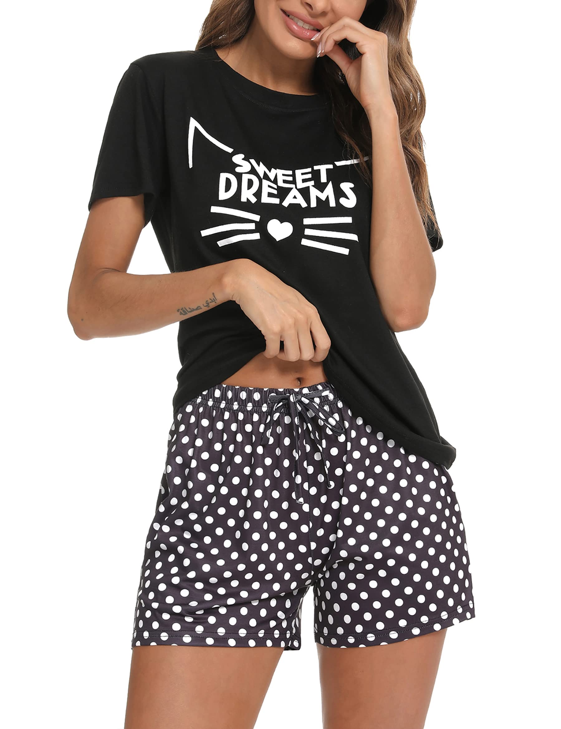 Uniexcosm Schlafanzug Damen Kurz Baumwolle Zweiteiliger Pyjama Set Kurzarm Nachtwäsche Wimperndruck Sleepwear Hausanzug Loungewear