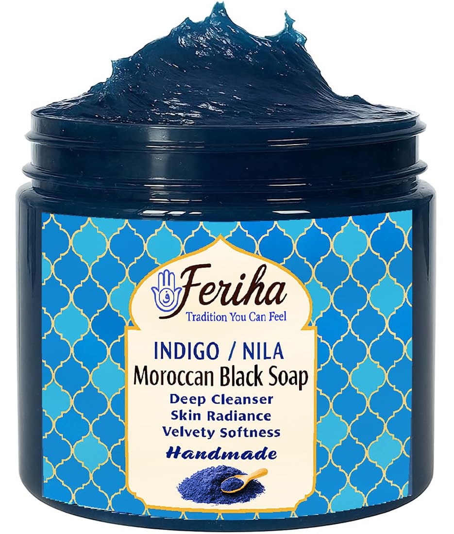 FERIHA Moroccan Indigo (Nila) Black Soap + Original Kessa Exfoliating Glove – Traditional Hammam Duo for Deep Cleansing and Radiant Skin