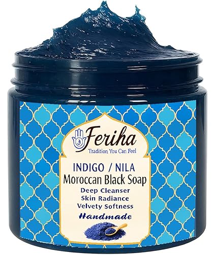 Feriha Jabón negro marroquí, índigo, sahara nila, 100% natural, jabón artesanal Beldi, elaborado y empaquetado en Marruecos, fórmula tradicional de