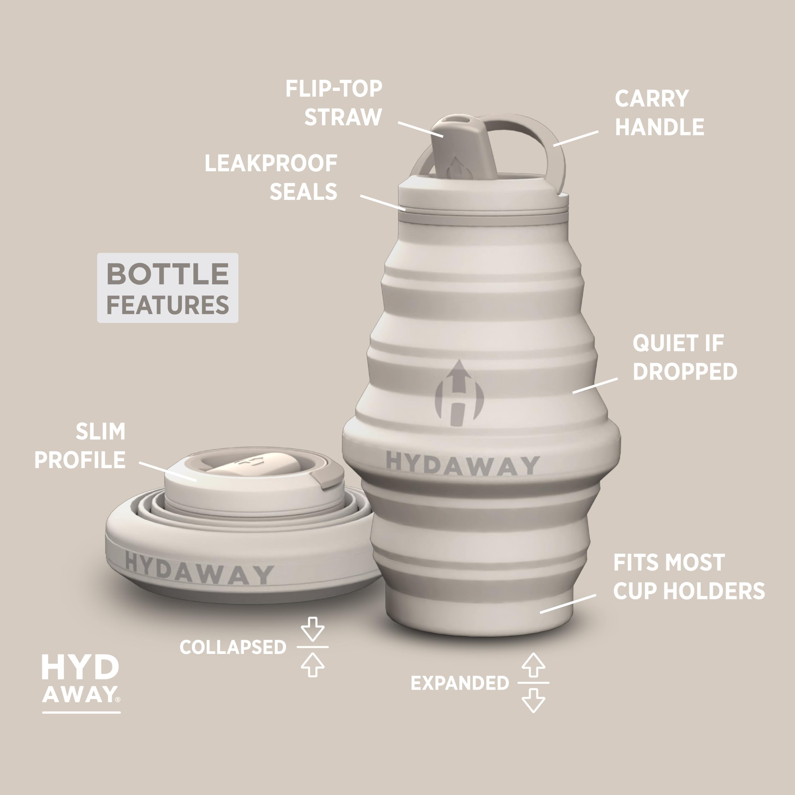 HYDAWAY Bouteille d'eau pliable de 500 ml – Sans BPA, étanche, légère et peu encombrante – Parfaite pour les voyages, la randonnée et l'hydratation quotidienne
