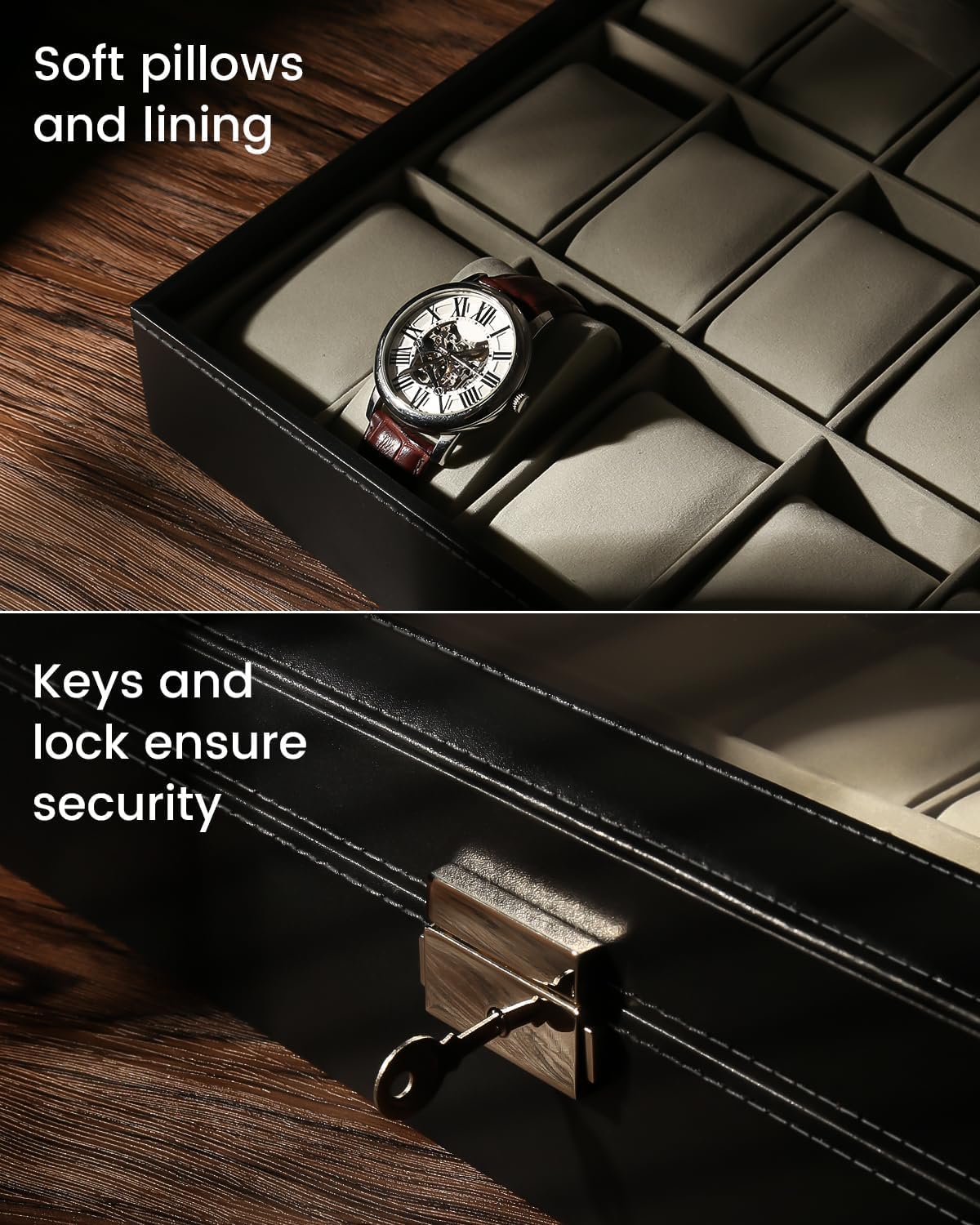 Uhrenbox, Uhrenkasten mit 24 Fächern, Watch Box Uhren Aufbewahrungsbox mit Glasdeckel, Verschließbarer Uhren-Vitrine Geschenkidee für Geburtstag Vatertag Weihnachten