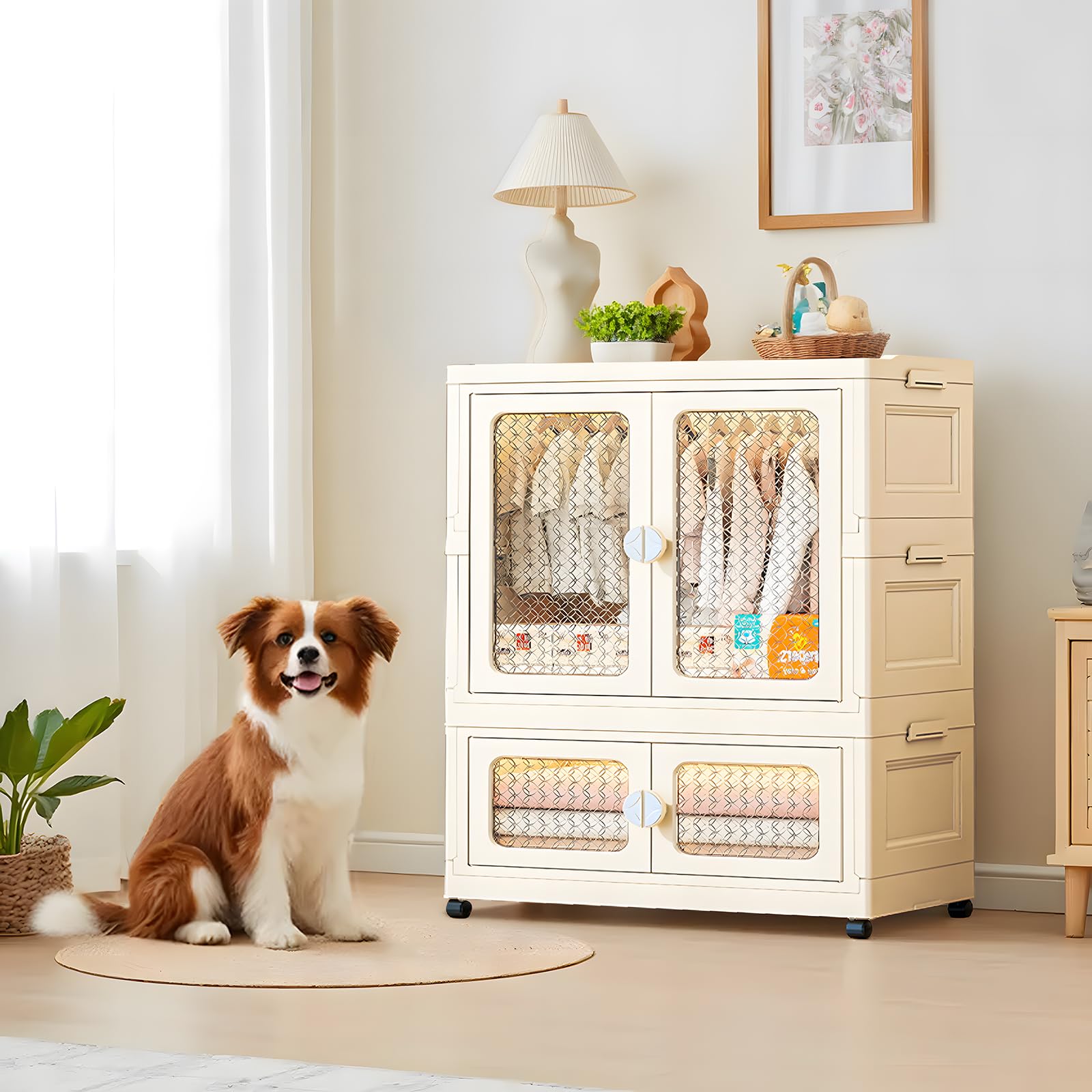 Tragbarer Kleiderschrank mit Doppeltüren - Zusammenklappbarer Schrank mit Rollen 103x75x38cm - Kunststoff-Klappkommode mit Kleiderstange 1 Aufhängung + 1 Aufbewahrungen - Weiß