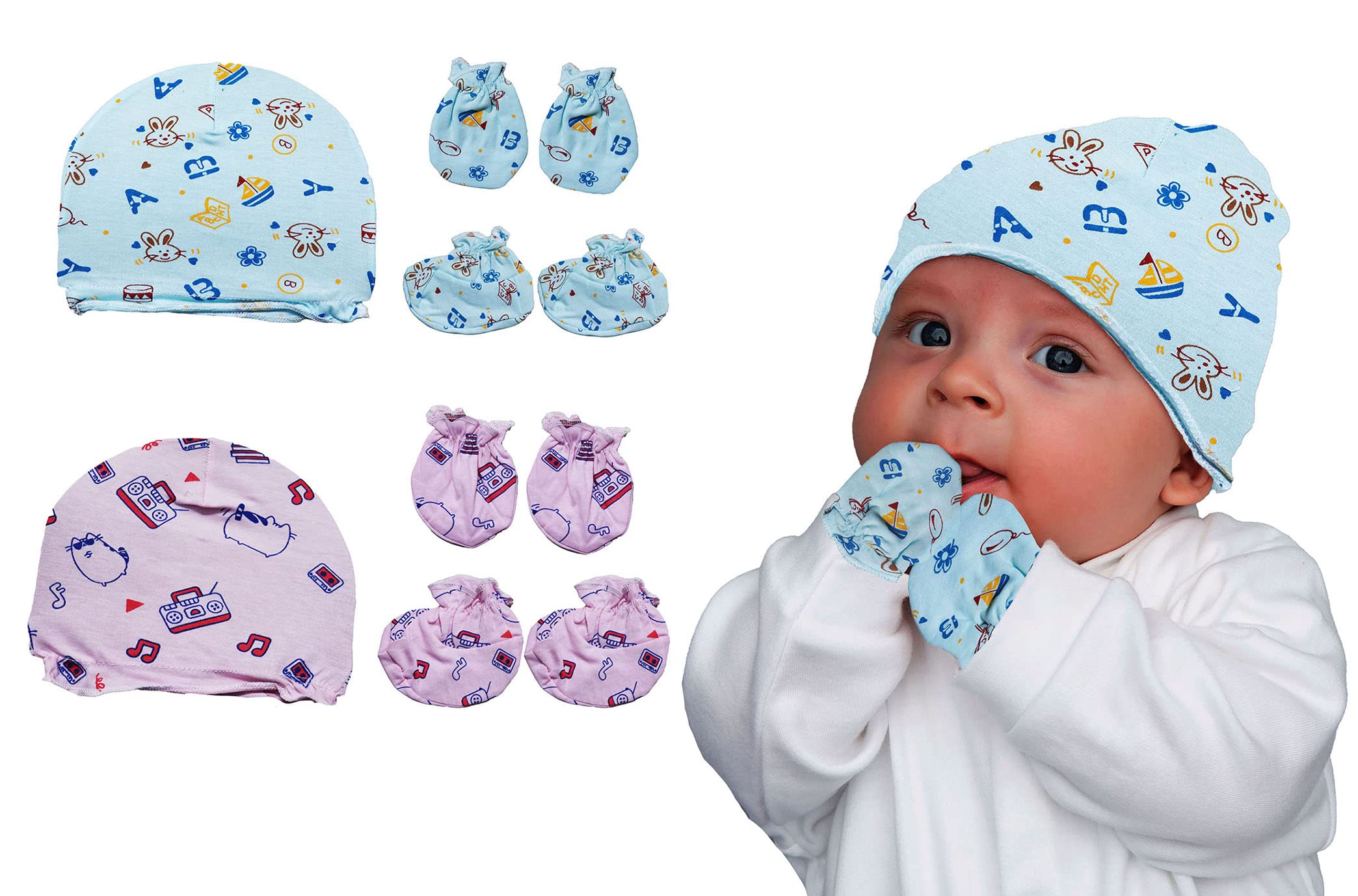 Neeba Cap Mitten Booties Set for New Born Baby & Girl(0-6 Months) Gentle to Baby Delicate Skin Multicolor Pack of 2-image-34